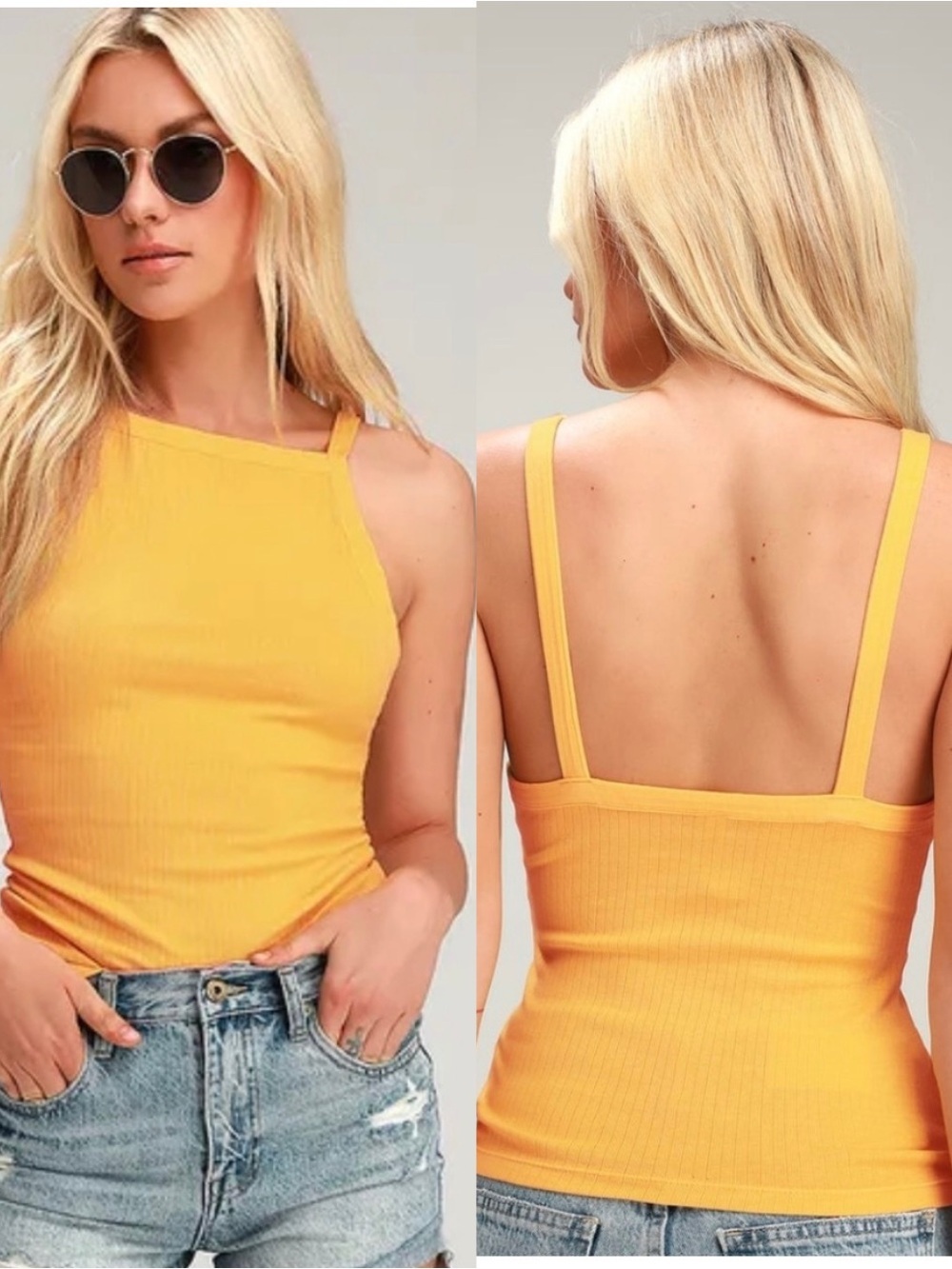 FREE PEOPLE Set Up Ribbed Golden Yellow Tank Top XS